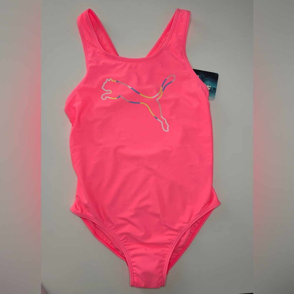 Puma Girls Bright Neon Pink One-Piece Swimsuit Size L (12/14) years NWT